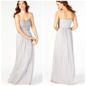 Adrianna Papell Silver Embellished Beaded Spaghetti‎ Strap Formal Dress  Size 10